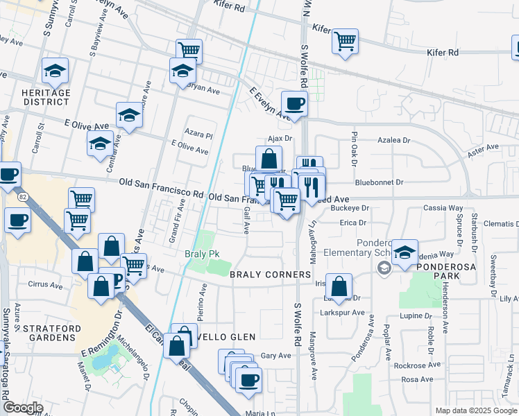 map of restaurants, bars, coffee shops, grocery stores, and more near 860 Old San Francisco Road in Sunnyvale