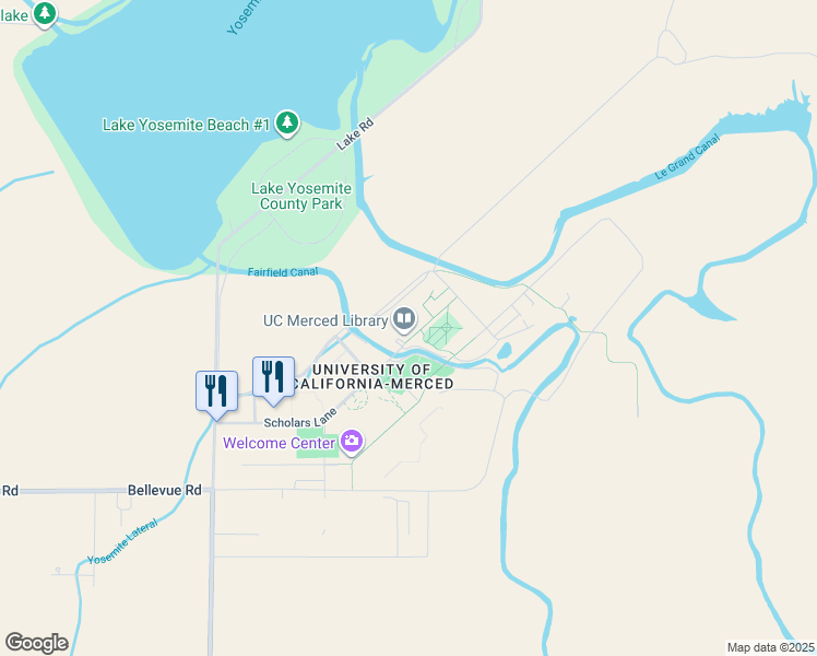 map of restaurants, bars, coffee shops, grocery stores, and more near 5200 Lake Road in Merced