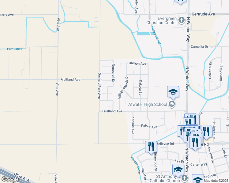 map of restaurants, bars, coffee shops, grocery stores, and more near 2703 Emerald Court in Atwater