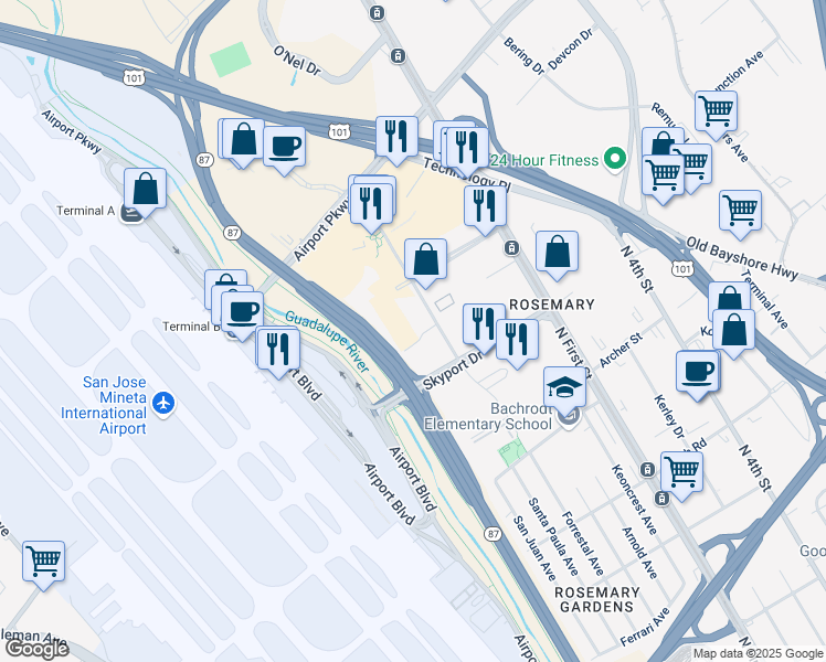 map of restaurants, bars, coffee shops, grocery stores, and more near 1731 Technology Drive in San Jose