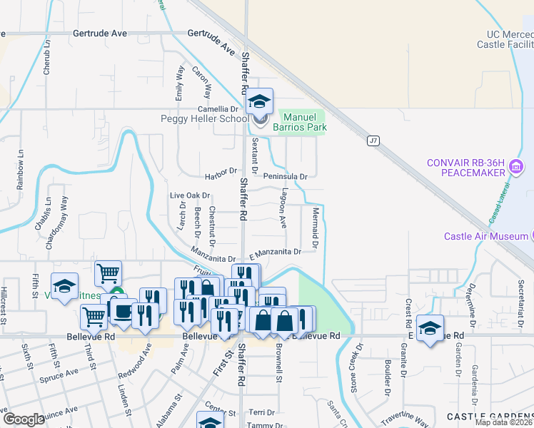 map of restaurants, bars, coffee shops, grocery stores, and more near 207 Waterfront Court in Atwater