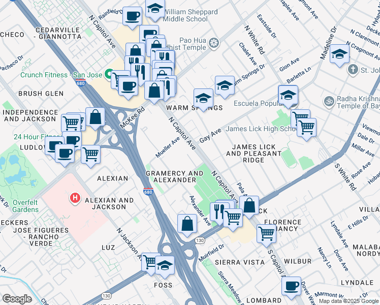 map of restaurants, bars, coffee shops, grocery stores, and more near 205 North Capitol Avenue in San Jose