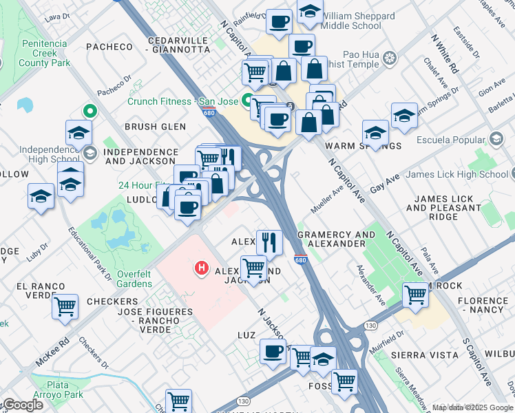 map of restaurants, bars, coffee shops, grocery stores, and more near 268 Pamela Avenue in San Jose