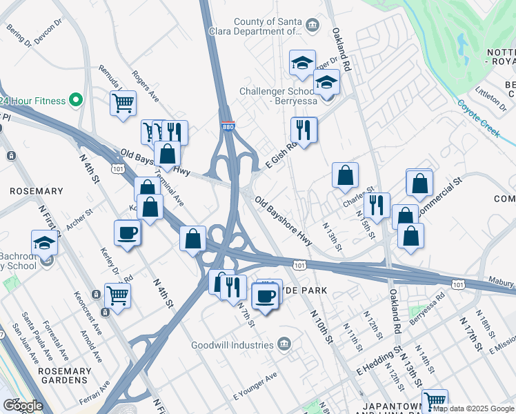 map of restaurants, bars, coffee shops, grocery stores, and more near 1390 Old Bayshore Highway in San Jose