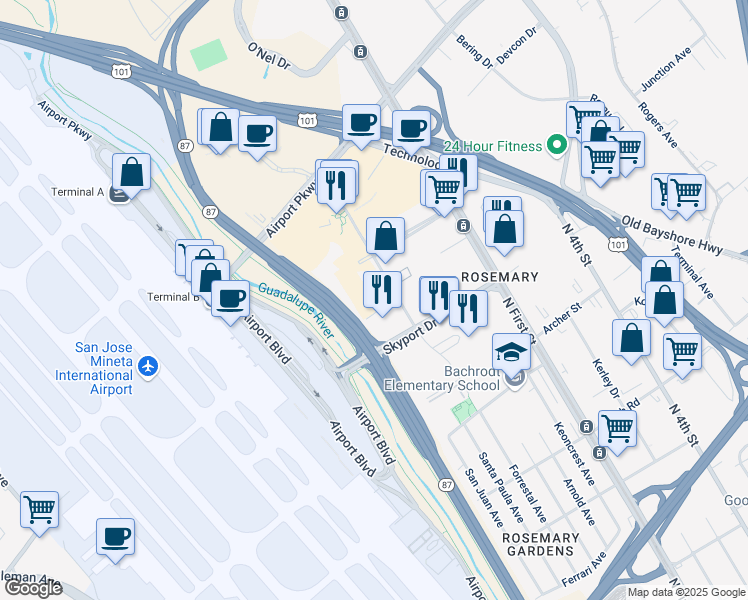 map of restaurants, bars, coffee shops, grocery stores, and more near 1734 Technology Drive in San Jose