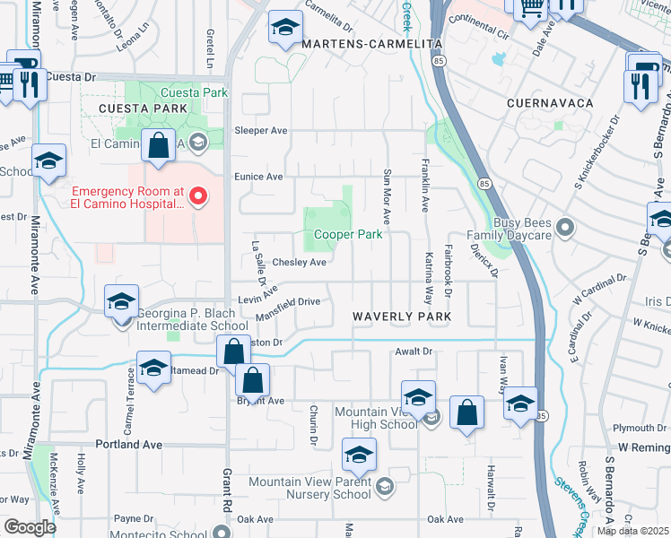 map of restaurants, bars, coffee shops, grocery stores, and more near 473 Chesley Avenue in Mountain View