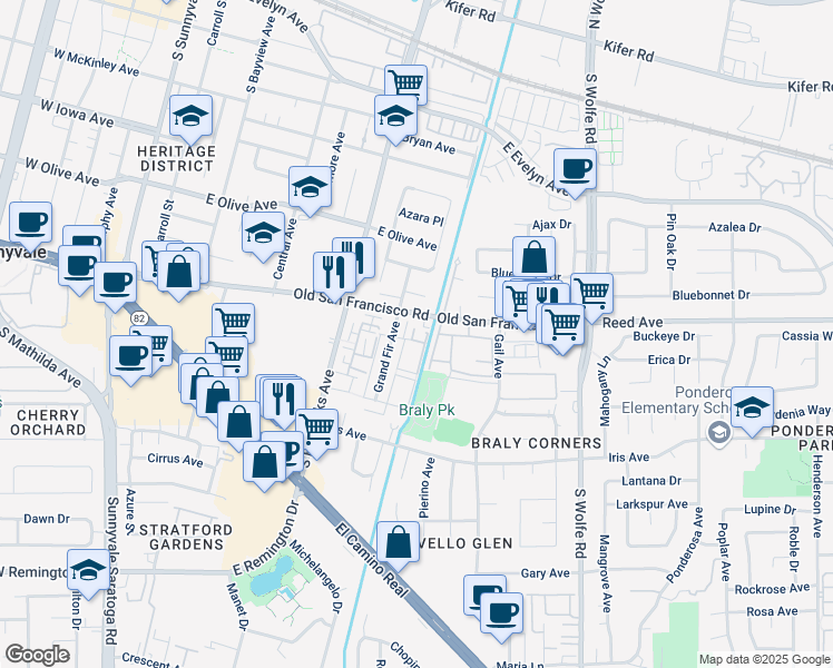 map of restaurants, bars, coffee shops, grocery stores, and more near 671 Bellflower Avenue in Sunnyvale