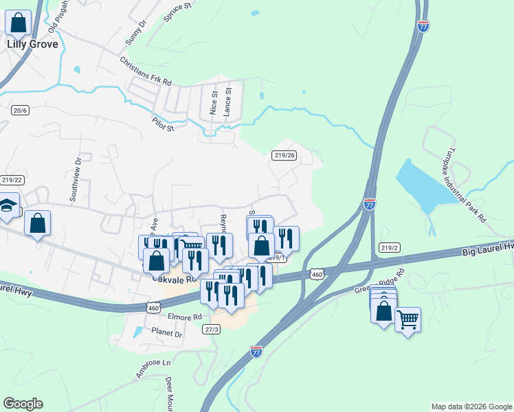 map of restaurants, bars, coffee shops, grocery stores, and more near 1001-1099 County Highway 219/1 in Princeton