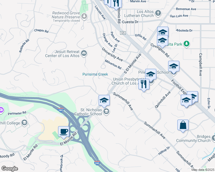 map of restaurants, bars, coffee shops, grocery stores, and more near 23 Bay Tree Lane in Los Altos