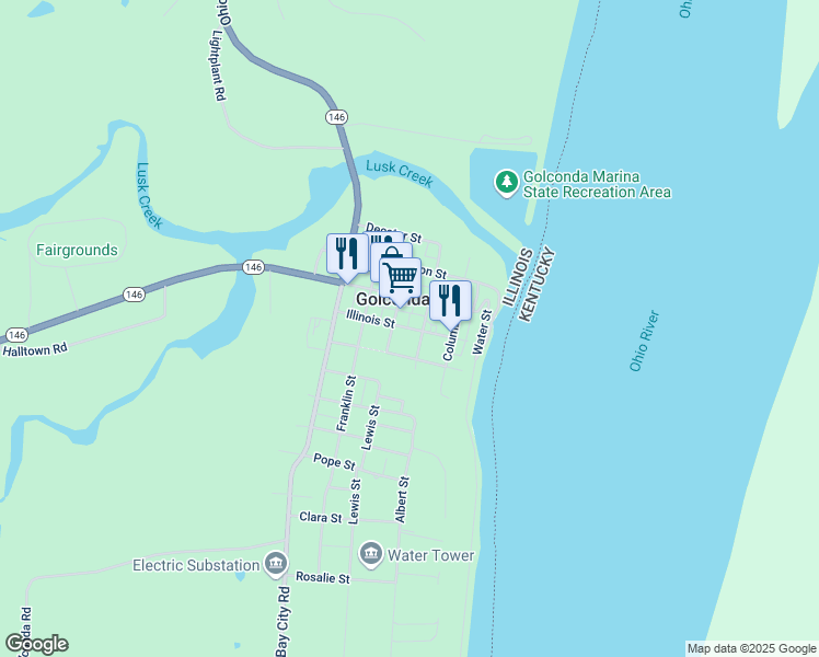 map of restaurants, bars, coffee shops, grocery stores, and more near Illinois Street in Golconda