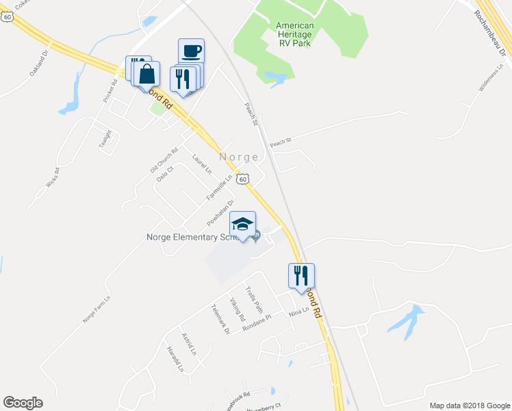 map of restaurants, bars, coffee shops, grocery stores, and more near 7359 Richmond Road in Williamsburg
