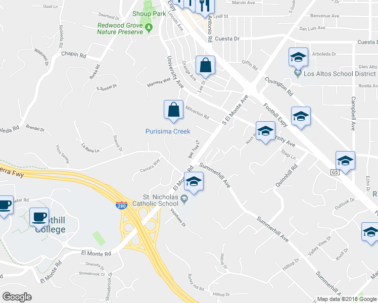 map of restaurants, bars, coffee shops, grocery stores, and more near 23 Bay Tree Lane in Los Altos