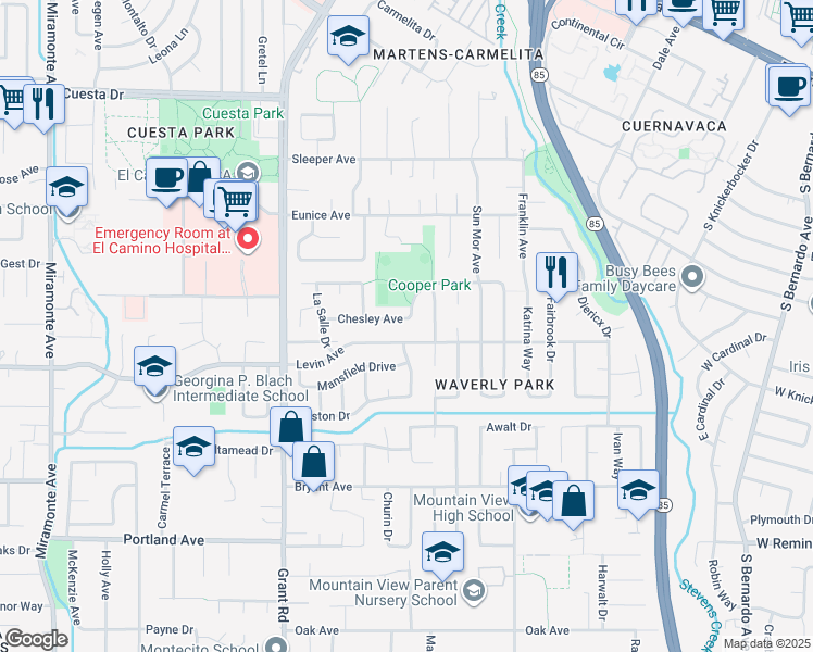 map of restaurants, bars, coffee shops, grocery stores, and more near 473 Chesley Avenue in Mountain View