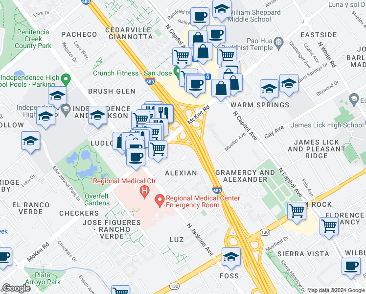 map of restaurants, bars, coffee shops, grocery stores, and more near 268 Pamela Avenue in San Jose