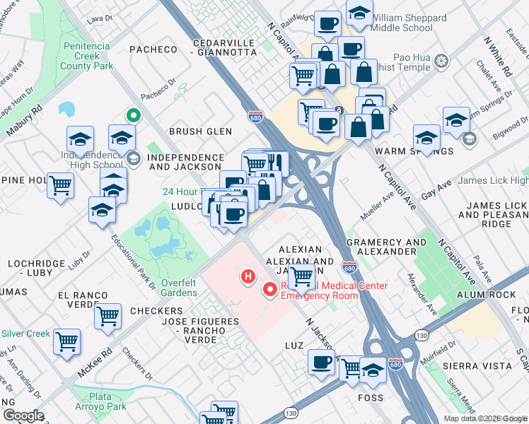 map of restaurants, bars, coffee shops, grocery stores, and more near 2351 McKee Road in San Jose