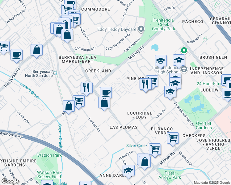map of restaurants, bars, coffee shops, grocery stores, and more near 1816 Slate Place in San Jose