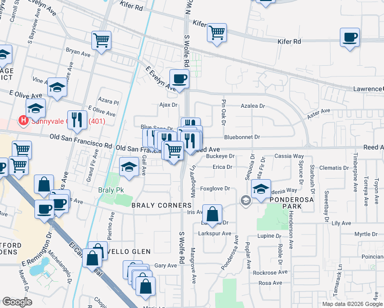 map of restaurants, bars, coffee shops, grocery stores, and more near 901 Reed Avenue in Sunnyvale