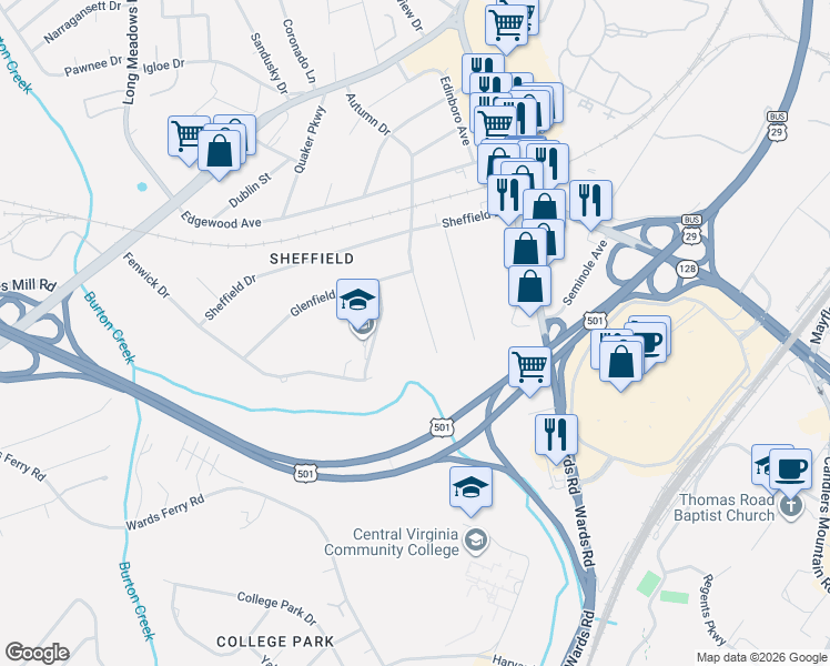 map of restaurants, bars, coffee shops, grocery stores, and more near 108 Kenwood Place in Lynchburg
