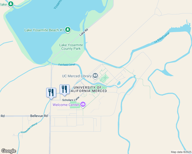 map of restaurants, bars, coffee shops, grocery stores, and more near 5200 Lake Road in Merced