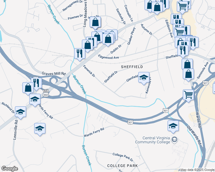map of restaurants, bars, coffee shops, grocery stores, and more near 1302 Fenwick Drive in Lynchburg