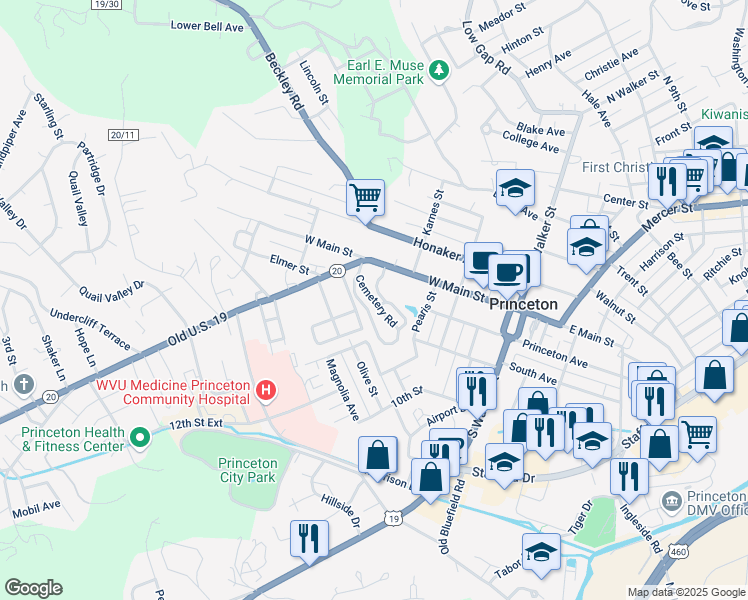 map of restaurants, bars, coffee shops, grocery stores, and more near Cemetery Road in Princeton