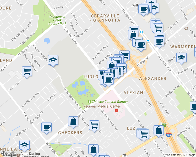 map of restaurants, bars, coffee shops, grocery stores, and more near 2266 Tomlin Way in San Jose