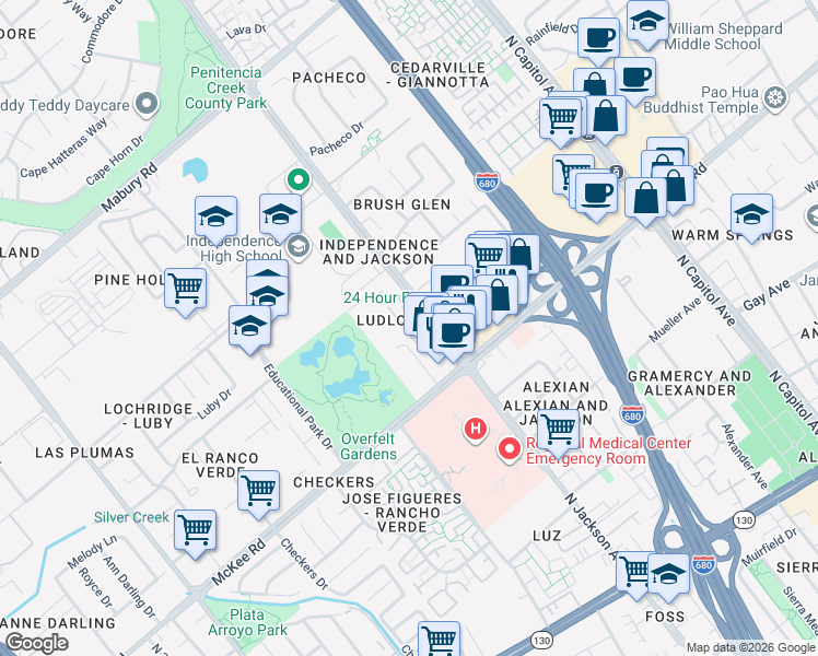 map of restaurants, bars, coffee shops, grocery stores, and more near 2266 Tomlin Way in San Jose
