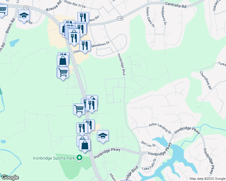 map of restaurants, bars, coffee shops, grocery stores, and more near 19651 English Wells Way in Richmond