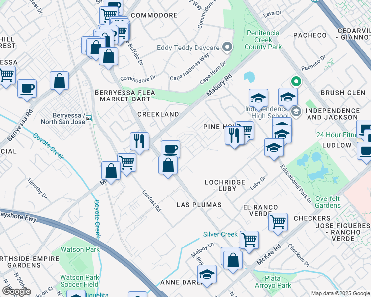 map of restaurants, bars, coffee shops, grocery stores, and more near 1816 Slate Place in San Jose