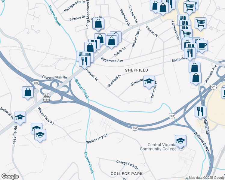map of restaurants, bars, coffee shops, grocery stores, and more near 1302 Fenwick Drive in Lynchburg