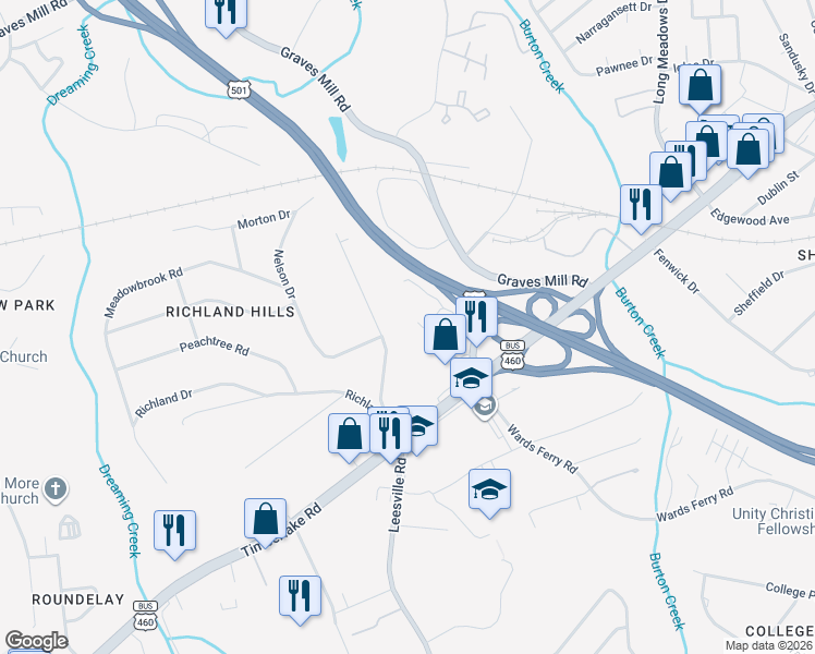 map of restaurants, bars, coffee shops, grocery stores, and more near 1424 Brookville Lane in Lynchburg