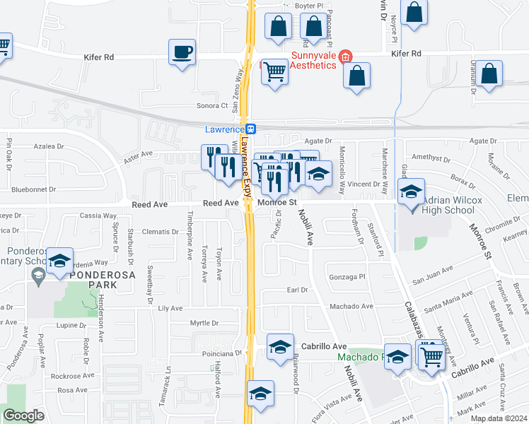 map of restaurants, bars, coffee shops, grocery stores, and more near 3580 Monroe Street in Santa Clara