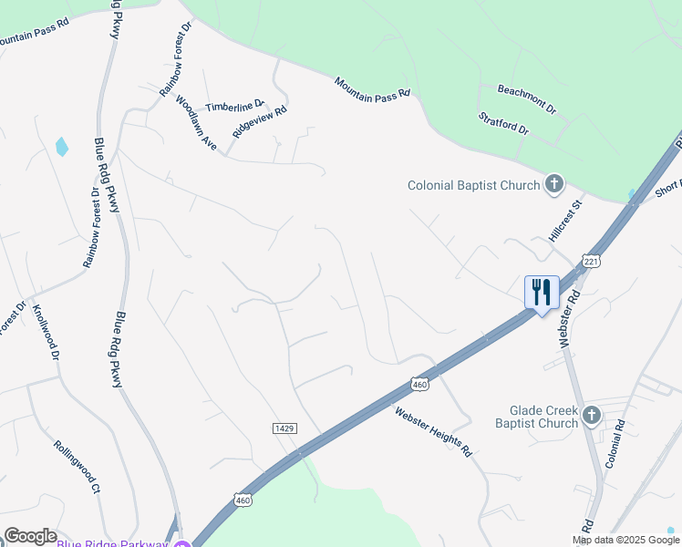 map of restaurants, bars, coffee shops, grocery stores, and more near 425 Stonehaven Lane in Blue Ridge
