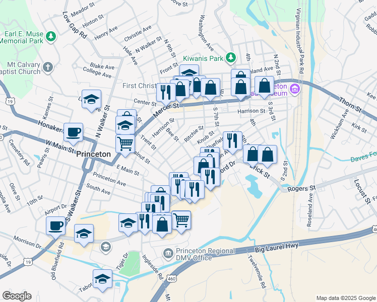 map of restaurants, bars, coffee shops, grocery stores, and more near 407 Bee Street in Princeton