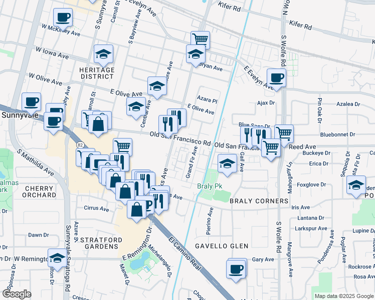 map of restaurants, bars, coffee shops, grocery stores, and more near 626 North Garland Terrace in Sunnyvale
