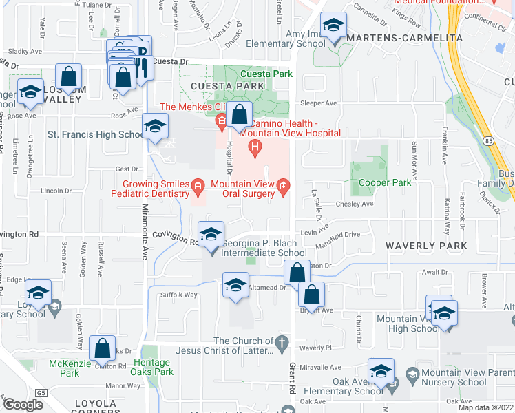 map of restaurants, bars, coffee shops, grocery stores, and more near 2530 Solace Place in Mountain View