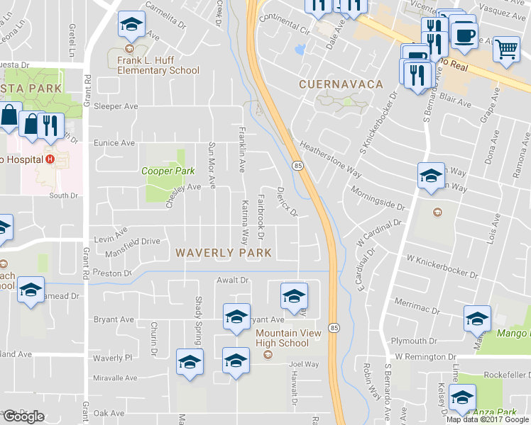 map of restaurants, bars, coffee shops, grocery stores, and more near 2557 Fairbrook Dr in Mountain View