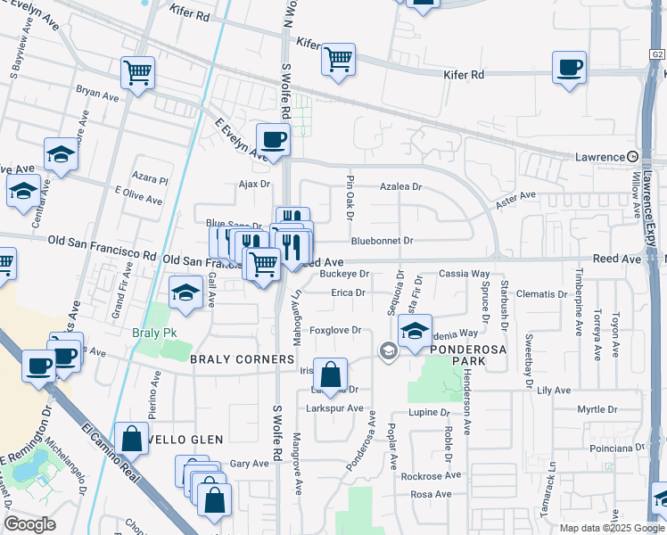 map of restaurants, bars, coffee shops, grocery stores, and more near 947 Buckeye Drive in Sunnyvale