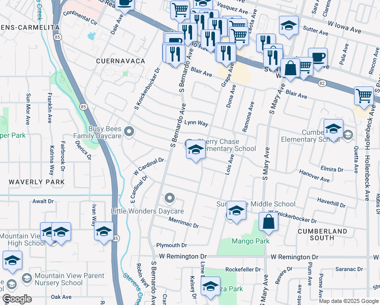 map of restaurants, bars, coffee shops, grocery stores, and more near 1138 Heatherstone Way in Sunnyvale