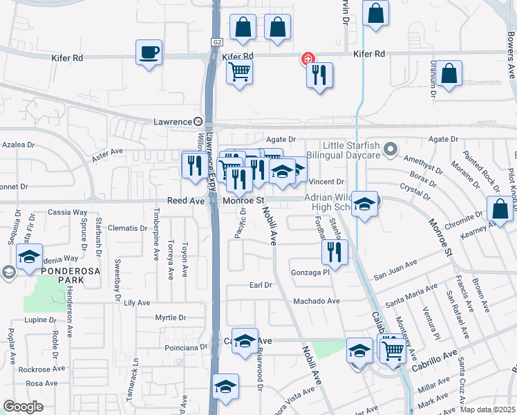 map of restaurants, bars, coffee shops, grocery stores, and more near 2434 Nobili Avenue in Santa Clara