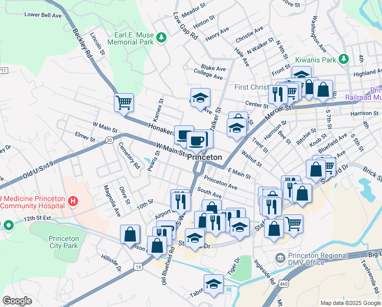 map of restaurants, bars, coffee shops, grocery stores, and more near 1600 West Main Street in Princeton
