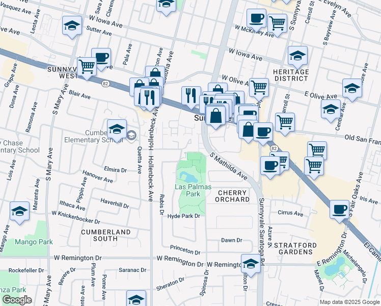 map of restaurants, bars, coffee shops, grocery stores, and more near 800 Russet Drive in Sunnyvale