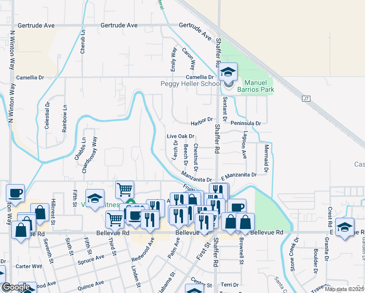 map of restaurants, bars, coffee shops, grocery stores, and more near 3153 Beech Drive in Atwater
