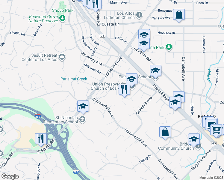 map of restaurants, bars, coffee shops, grocery stores, and more near 804 Nash Road in Los Altos