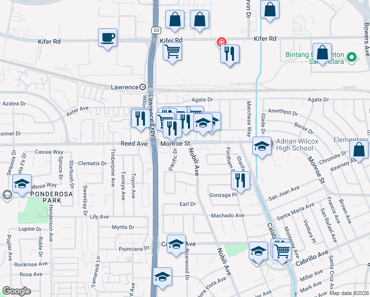 map of restaurants, bars, coffee shops, grocery stores, and more near 2434 Nobili Avenue in Santa Clara