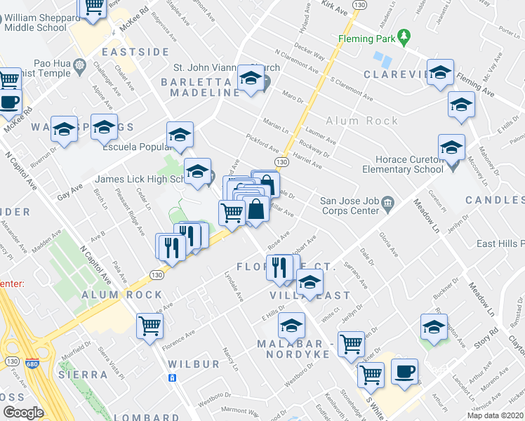 map of restaurants, bars, coffee shops, grocery stores, and more near 3144 California 130 in San Jose