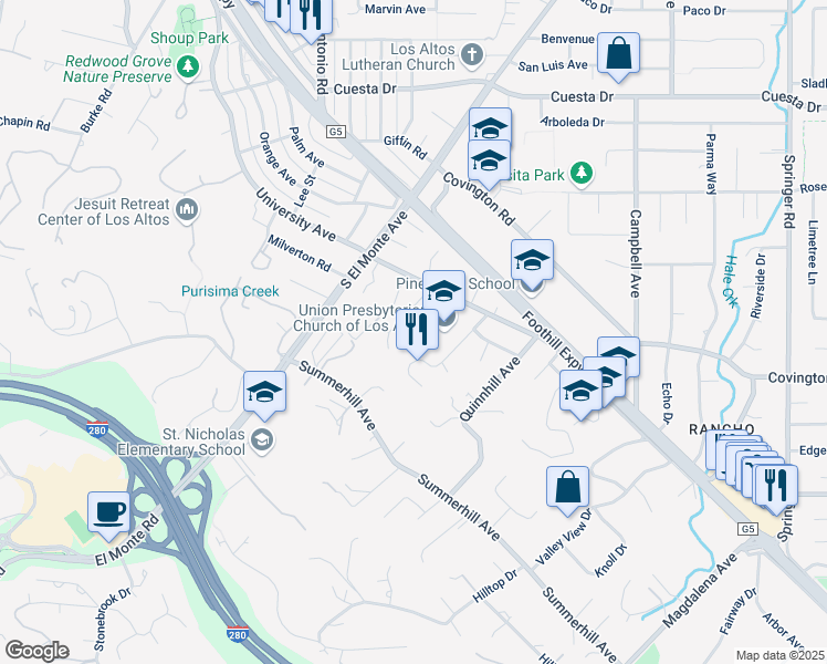 map of restaurants, bars, coffee shops, grocery stores, and more near 850 Nash Road in Los Altos