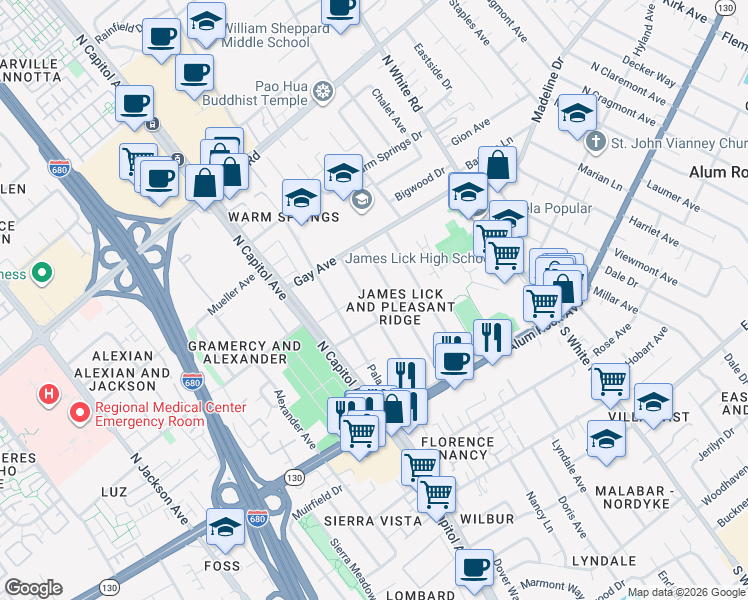 map of restaurants, bars, coffee shops, grocery stores, and more near 112 Birch Lane in San Jose