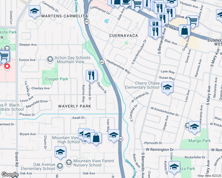 map of restaurants, bars, coffee shops, grocery stores, and more near 1316 Brook Place in Mountain View