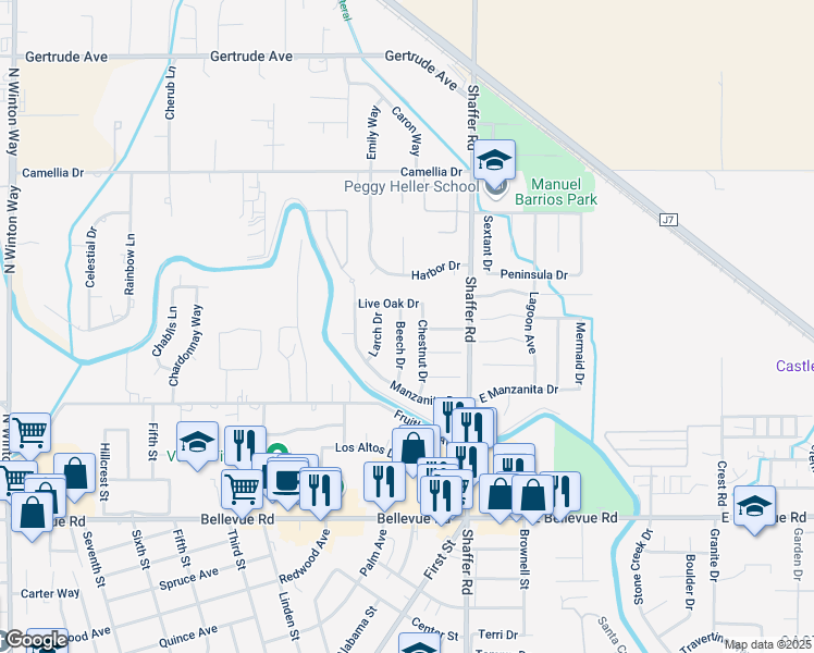 map of restaurants, bars, coffee shops, grocery stores, and more near 3153 Beech Drive in Atwater